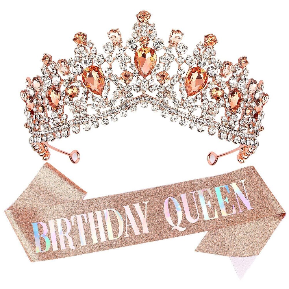 9870 Rose Gold Birthday Tiara & Sash - Queen Crown , Party Favors &